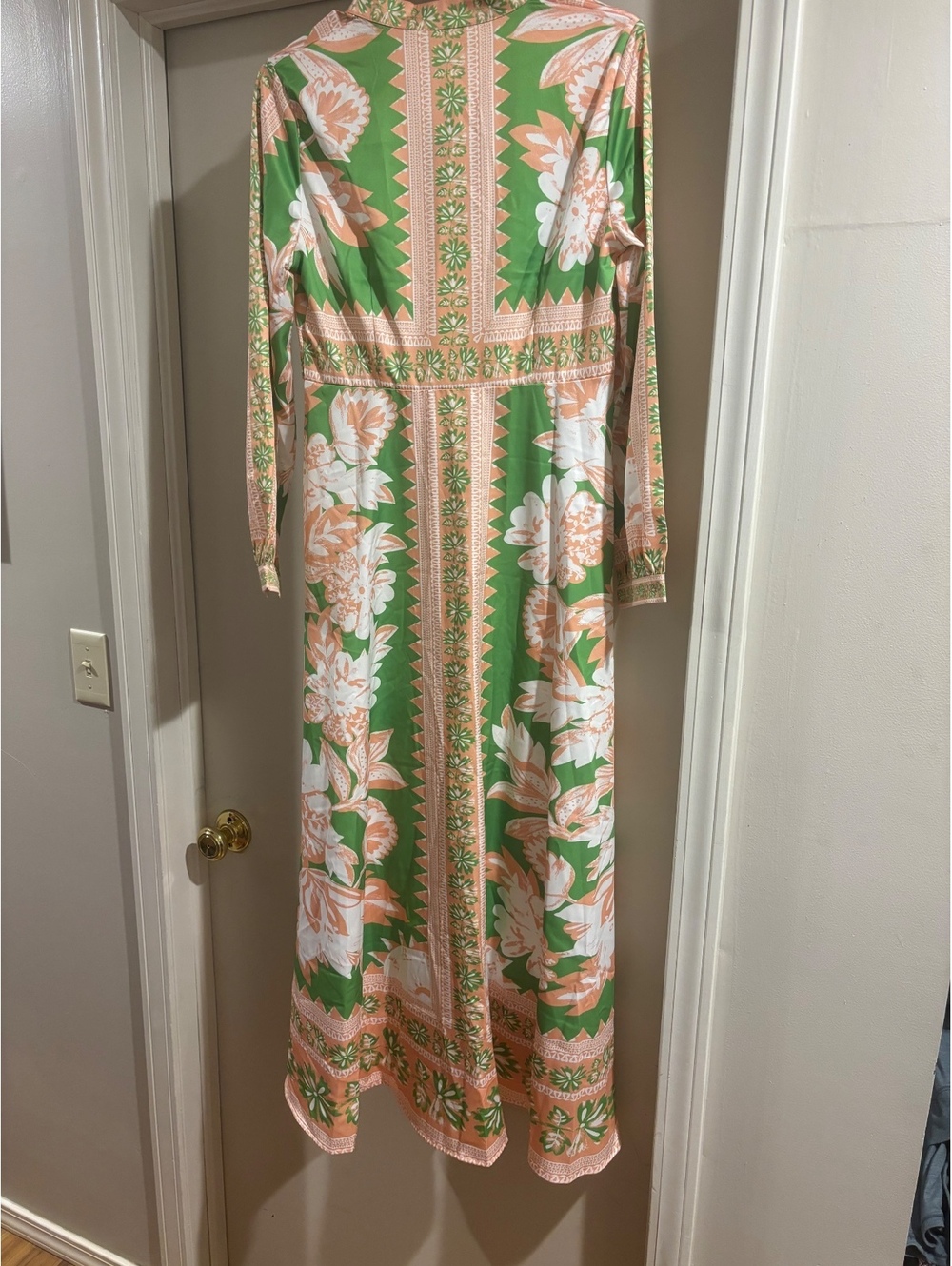 NWT Boho Floral Button Front Maxi Dress Green Peach Long Sleeve Small - Picture 2 of 7